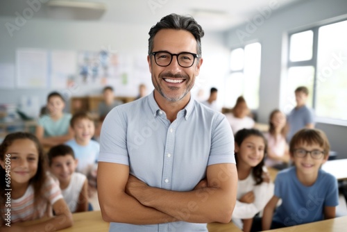 smiling male teacher in an elementary school classroom with students on background © id512