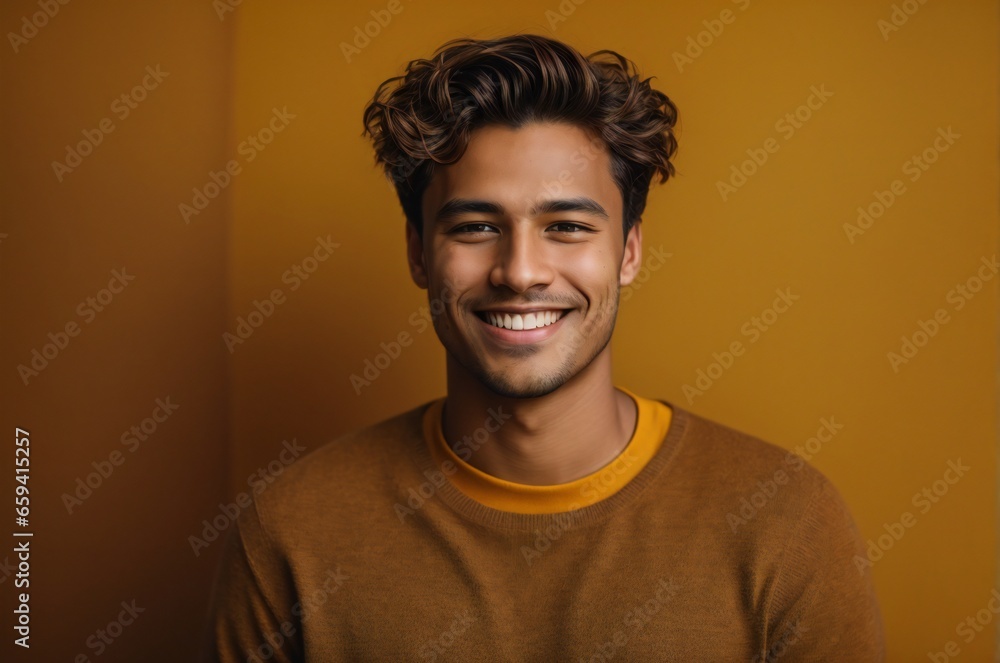 Portrait of handsome hipster guy with curly hair wearing brown sweatshirt, against solid background. Winter Concept. Portrait of handsome hipster guy with curly hair wearing brown sweatshirt, against solid background. Winter Concept.