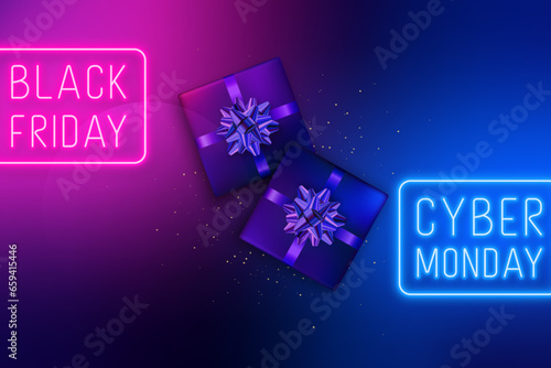 Black Friday and Cyber Monday Sale neon signboard. Realistic foil wrapped gift boxes reflect neon color. Design template for banner, web, social media.