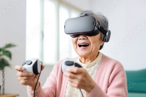 Modern aging concept, eldery people with VR, Virtual Reality Sensory Stimulation, eldery people playing video game, Generative AI