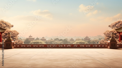 Buddhist temple visit during Asian New Year background with empty space for text 