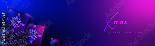 Horizontal Xmas banner with realistic Pine branches and gifts. Gift boxes reflect neon glow. Neon background.