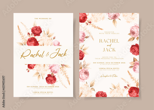 set of wedding invitation card template with dry rose flowers and leaves decoration