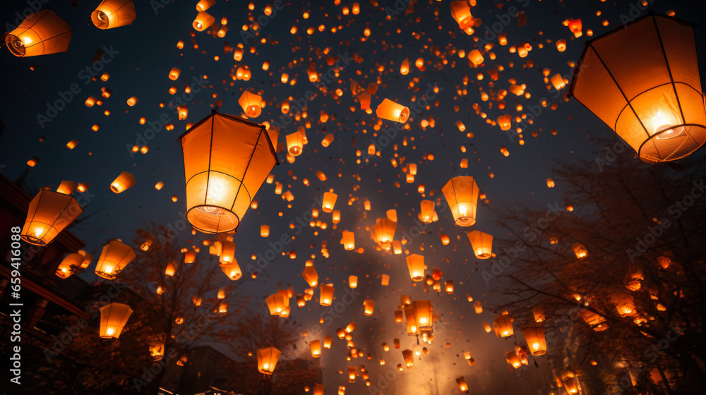 Lanterns float skyward casting blessings and hope during Asian New Year  - obrazy, fototapety, plakaty 