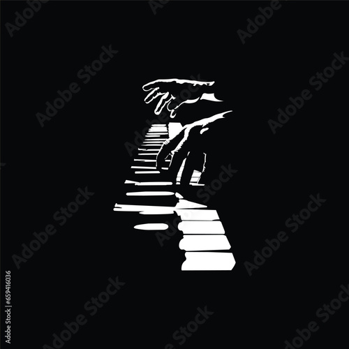 silhouette illustration of hands playing the piano. black and white.