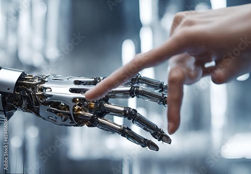 uturistic 3D Render Robotic Hand Technology, 
Cybernetic Hand in Detailed 3D Rendering, 
Artificial Intelligence Robotic Hand Concept photo