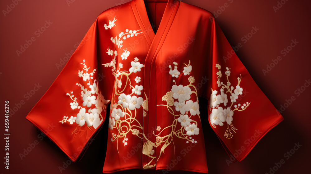 Traditional Asian New Years silk kimono isolated on a gradient background 