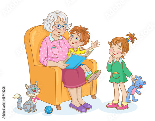 Cute grandmother reading a book to her grandchildren. In cartoon style. Isolated on white background. Vector illustration.