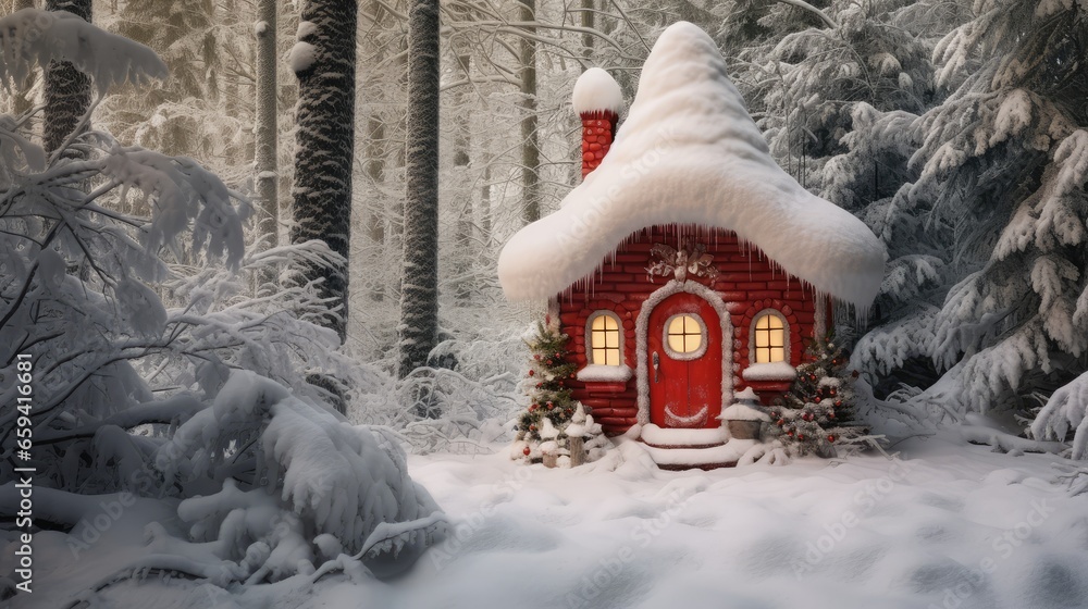 Red gnome or santa claus house in winter snowy forest. Happy Christmas background. Generative AI - obrazy, fototapety, plakaty 