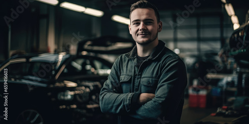 portrait of a man Man in the workshop. Portrait of a muscular man posing confidently with arms crossed at car repair shop