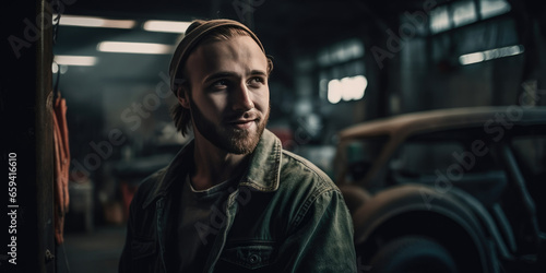 Man in the Workshop or Garage Portrait of a Man in Car Repair Shop. Simple Guy is the Driver, Worker