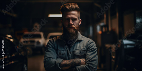 Man in the workshop or garage. Portrait of a muscular red-haired man with a beard and tattoos posing confidently with arms crossed at car repair shop