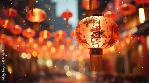 Chinese New Year  red lanterns on city street  blurred background. Generative AI