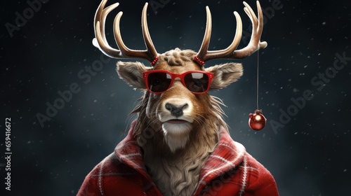 Brutal Christmas reindeer - hipster, wearing sunglasses. Generative AI photo