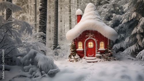 Red gnome or santa claus house in winter snowy forest. Happy Christmas background. Generative AI photo