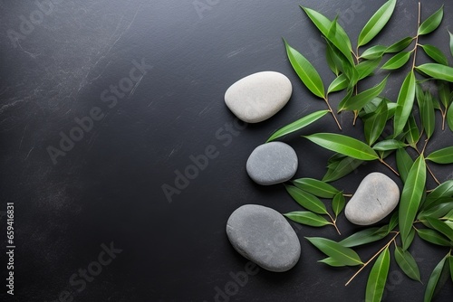 A serene flat lay presenting hot stones and bamboo, exuding a calming and peaceful ambiance, with a considerate amount of empty space for versatile use in wellness and spa contexts.