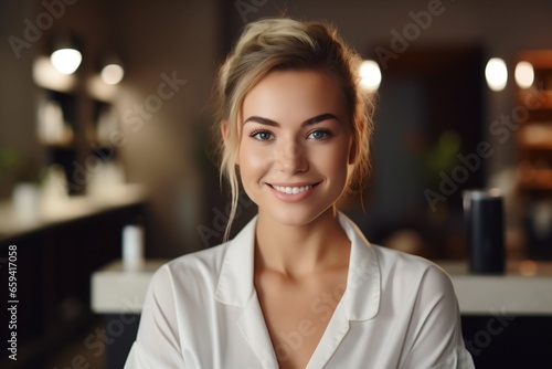 A smiling cosmetologist in a spa salon.