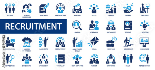 Recruitment flat icons set. Resume, contract, career, skills, human resource, recruit, headhunting, job hiring. Flat icon collection.