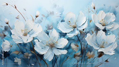  a painting of white flowers on a blue and white background. generative ai