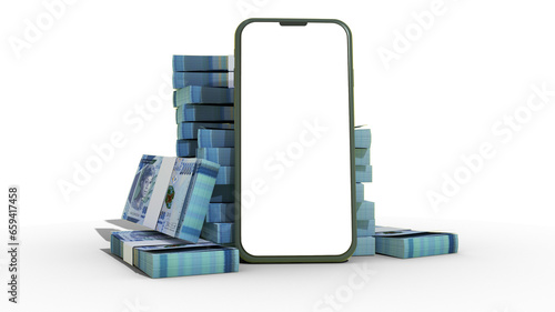 3D rendering of a mobile phone with blank screen in front of stacks of 20000 Guinean franc notes isolated on transparent background.