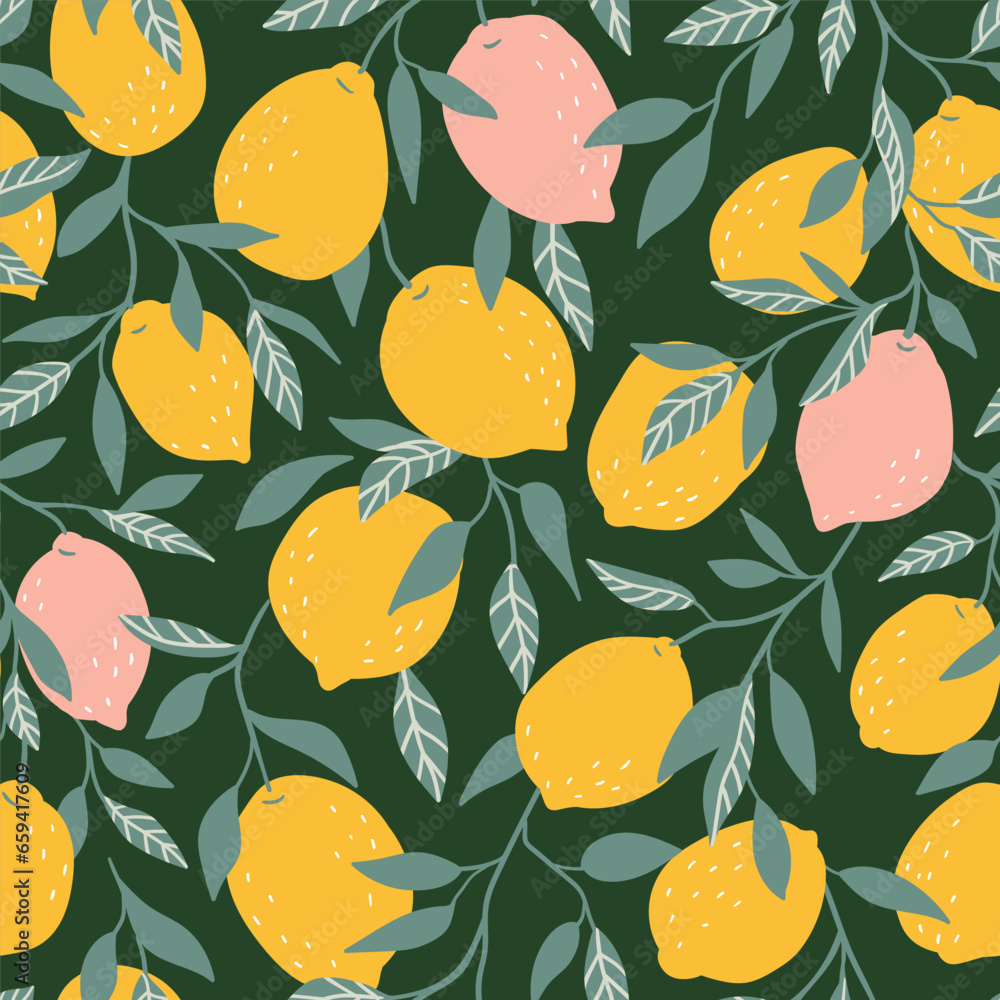 Fruit seamless pattern. Vector hand-drawn lemon repeat background. Tropical garden vintage print design. Fruit seamless pattern. Vector hand-drawn lemon repeat background. Tropical garden vintage print design.