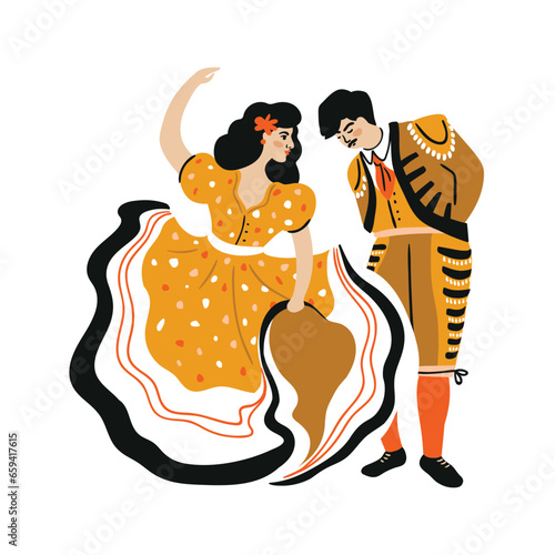 Mexican or Spanish man and woman vector cartoon characters with national clothes. Matador and beautiful lady. Vector bullfight dancers illustration isolated on the white background.
