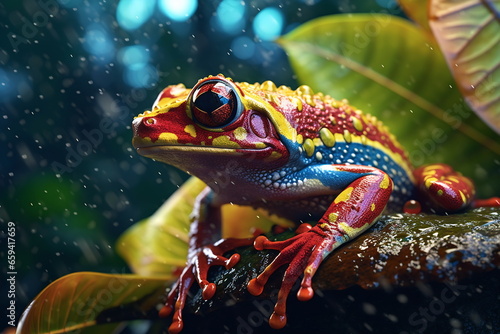 Poison vivid color frog. Poisonous animal of tropical rainforest. Pet in terrarium