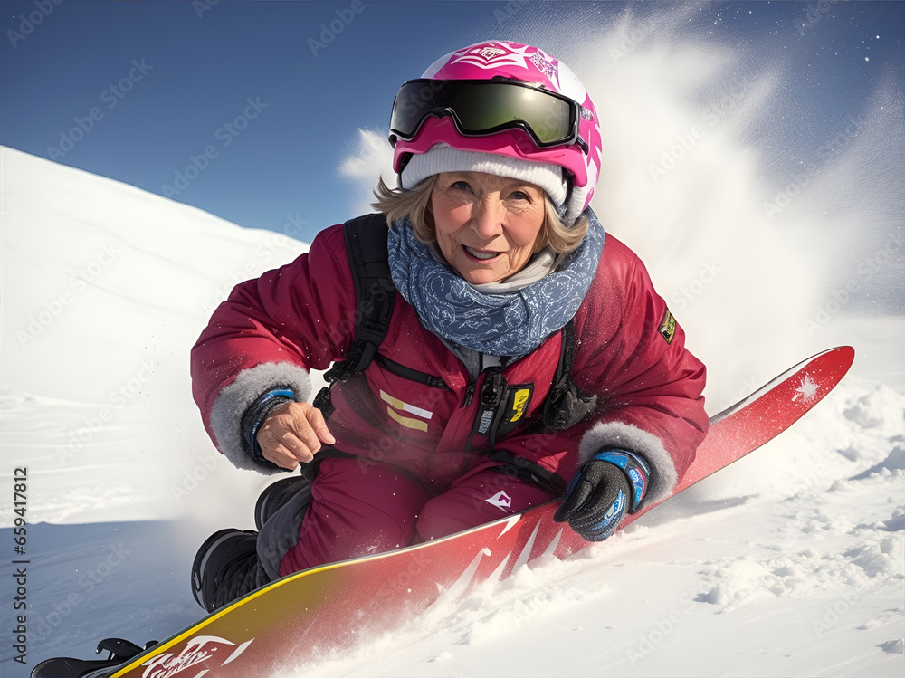 Grandma Snowboarding in the Mountains AI generated