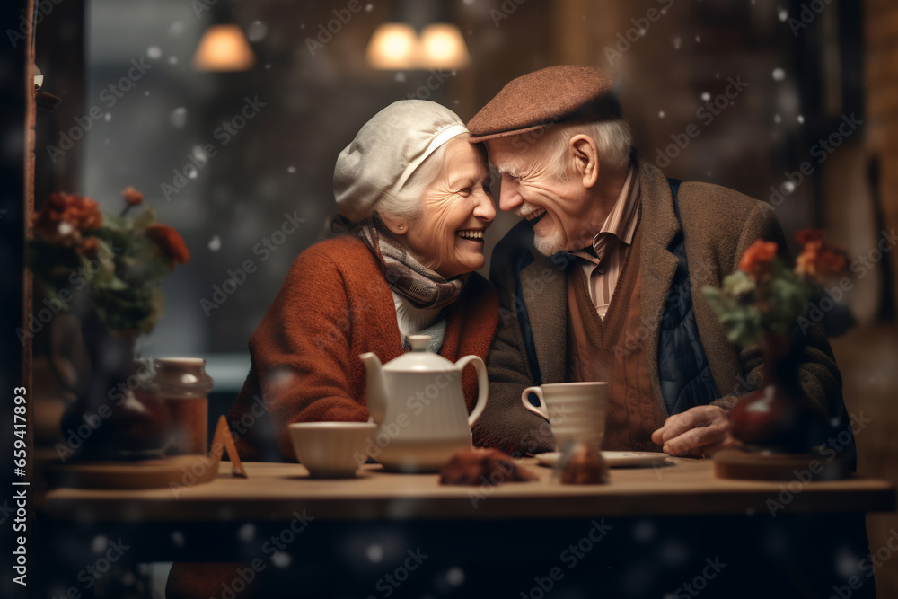 Cheerful old couple sitting at a cafe. Senior man and woman sitting at a restaurant table and smiling Cheerful old couple sitting at a cafe. Senior man and woman sitting at a restaurant table and smiling