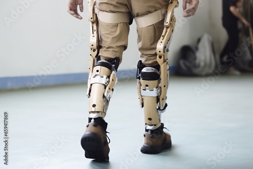 Legs of disable man in the robotic exoskeleton walking through the corridor of the rehabilitation clinic