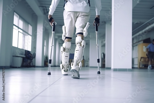 Legs of disable man in the robotic exoskeleton walking through the corridor of the rehabilitation clinic