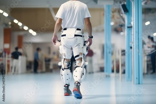 Legs of disable man in the robotic exoskeleton walking through the corridor of the rehabilitation clinic
