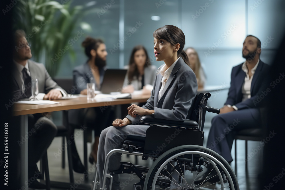 A disabled peson is sitting in a wheelchair. Nearby are his colleagues A disabled peson is sitting in a wheelchair. Nearby are his colleagues