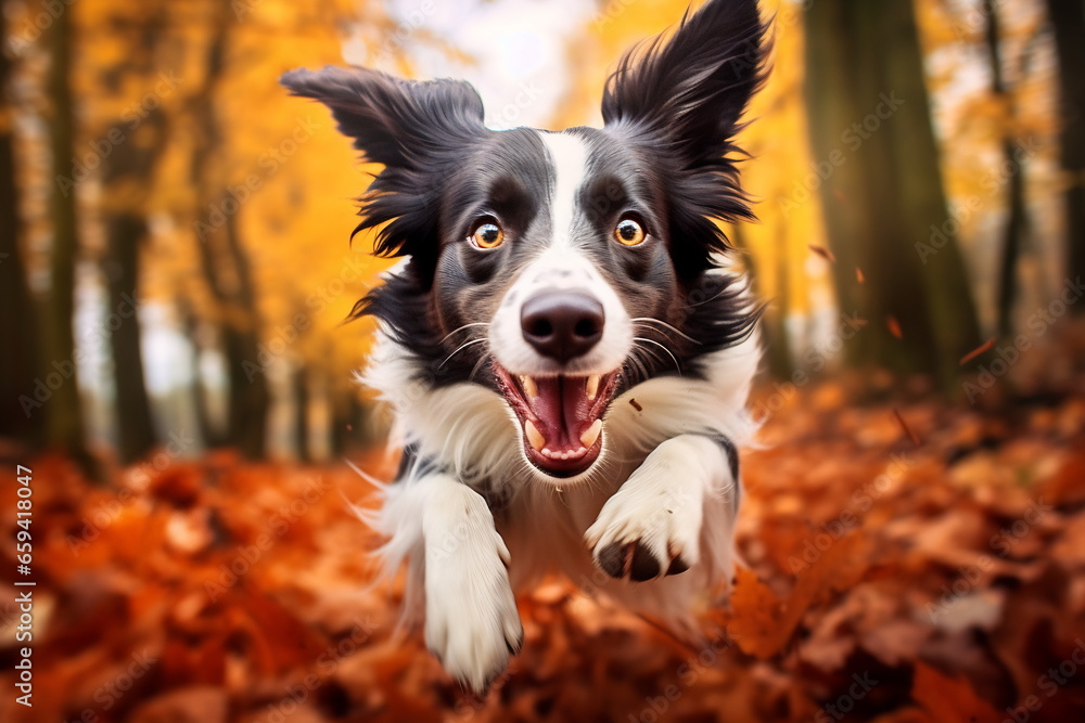 Active healthy Border Collie dog running with open mouth sticking out tongue in the forest on autumn