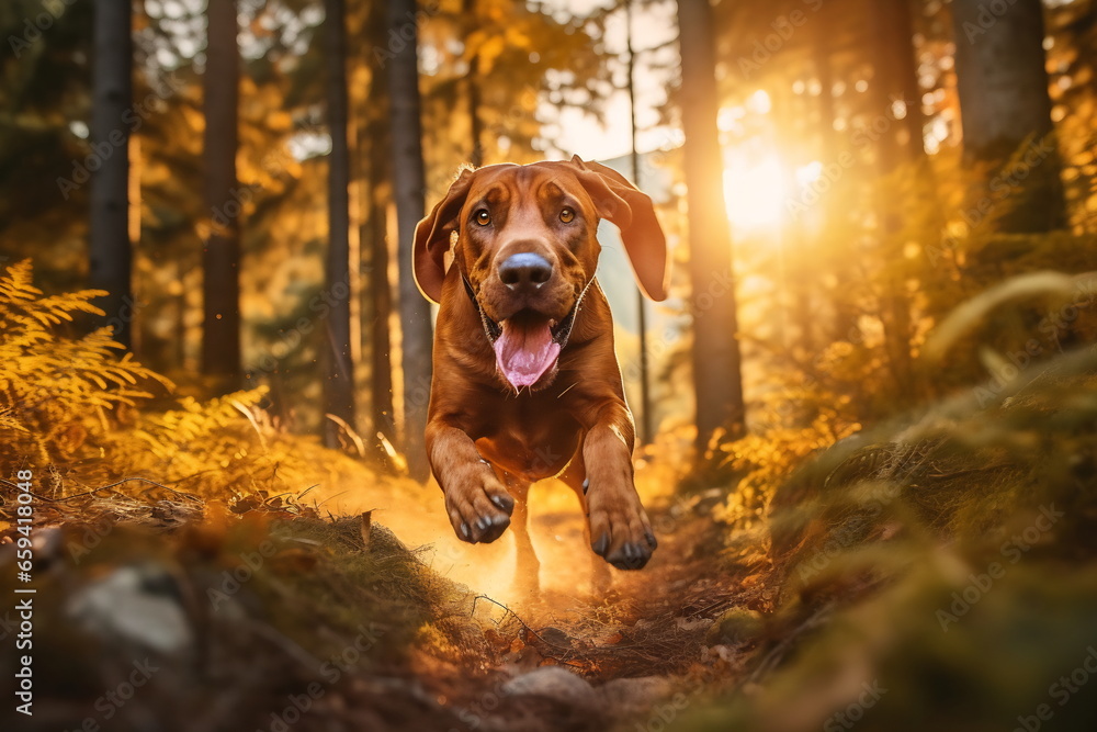 Active healthy Bavarian Mountain Hound dog running with open mouth sticking out tongue in the forest on autumn