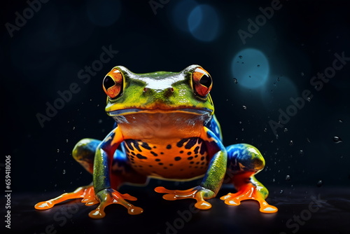 Poison vivid color frog. Poisonous animal of tropical rainforest. Pet in terrarium