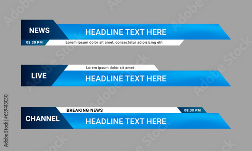 Newscast lower third banner vector. Set of lower third bar templates for breaking news, sports news on television, video and media online