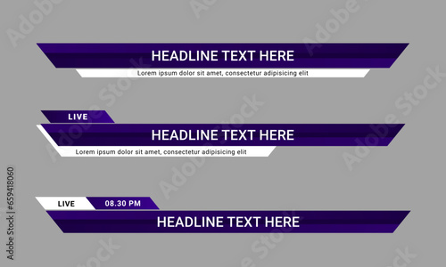 Newscast lower third banner vector. Set of lower third bar templates for breaking news, sports news on television, video and media online