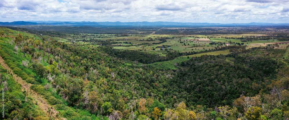 Aerial view of farm land near Calliope with dam and farm, Queensland, Australia.