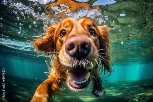 Underwater funny photo of dog in sea playing with fun - jumping, diving deep down. Actions, training games with family pets and popular dog breeds on summer vacation
