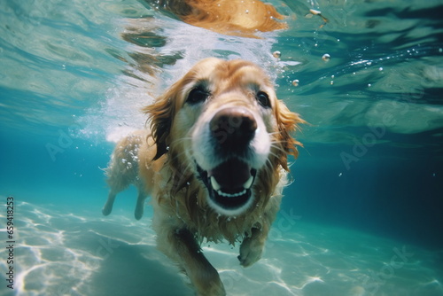 Underwater funny photo of dog in sea playing with fun - jumping, diving deep down. Actions, training games with family pets and popular dog breeds on summer vacation © Canvas Alchemy