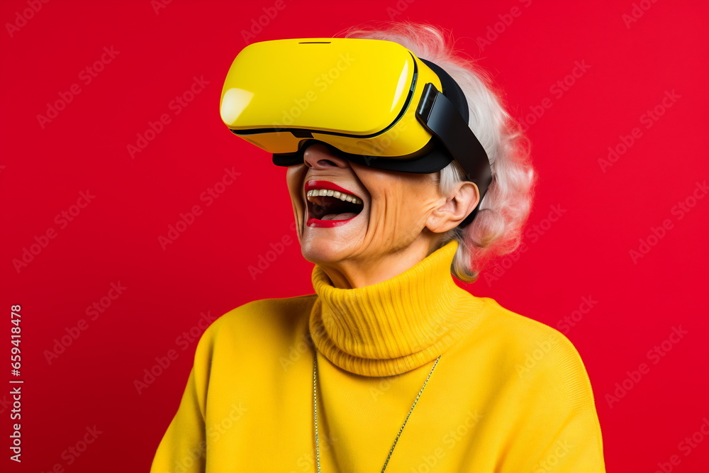 Senior woman having fun with virtual reality glasses. Old people using new headset goggles trends technology Senior woman having fun with virtual reality glasses. Old people using new headset goggles trends technology