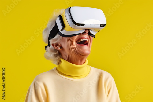 Senior woman having fun with virtual reality glasses. Old people using new headset goggles trends technology