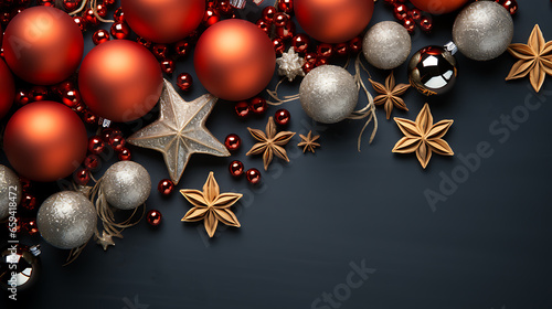 Christmas background with empty space for text.  Snow Fir tree branches, pine cones, golden stars, and on a table. Top view with copy space.
