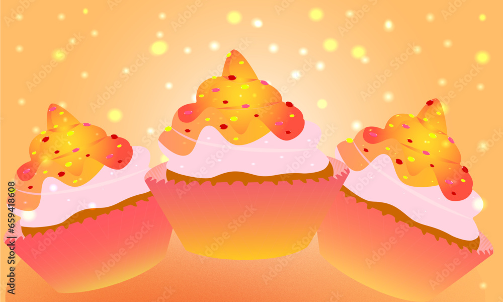 wonderful festive cupcakes on a pink-orange background wonderful festive cupcakes on a pink-orange background