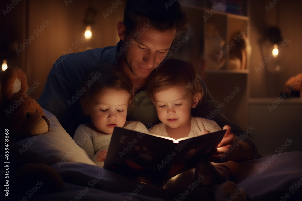 Family before going to bed mother reads to her child a book near a lamp in the evening Family before going to bed mother reads to her child a book near a lamp in the evening