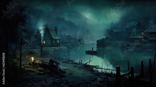 creepy and spooky fantasy village  concept illustration  abstract art