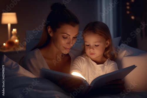 Family before going to bed mother reads to her child a book near a lamp in the evening