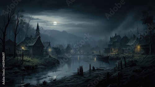 creepy and spooky fantasy village, concept illustration, abstract art