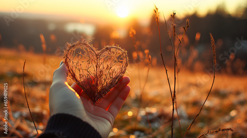 Woman's hand holding a heart made with branches in a field at sunset #659419025